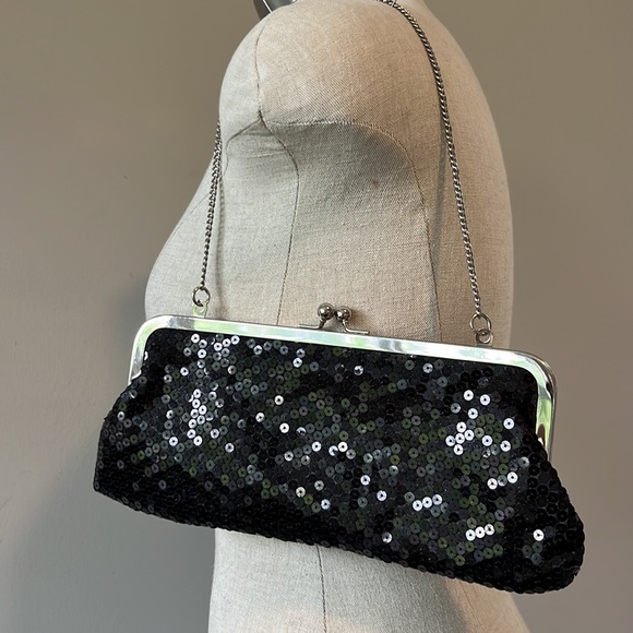 LOFT Handbags - LOFT Black sequined clutch purse with silver metal trim and chain